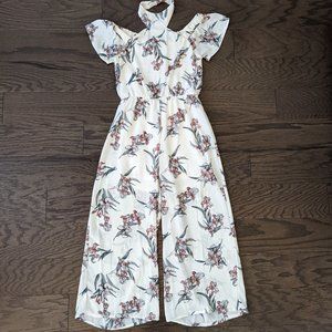 3/4 length white romper with flowers